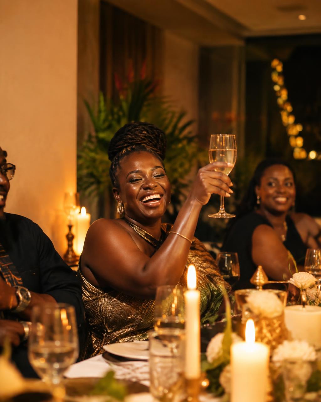 Guest laughing and raising a glass at a candlelit dinner table